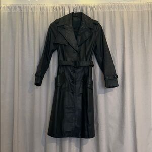Dark Green Belted Leather Trench Coat